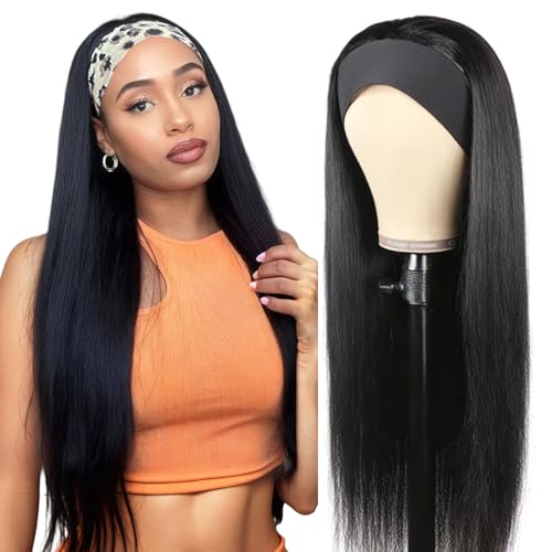 Headband Wig Human Hair Straight 18 Inch Headband Wigs for Black Women Glueless None Lace Front Wig Brazilian Virgin Human Hair Wigs Natural Color 150% Density