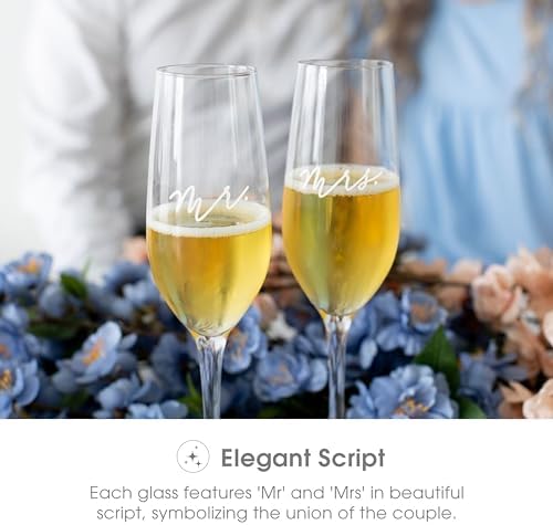Pearhead Mr. & Mrs. Champagne Flute Set - Elegant His and Hers Wedding Toasting Glasses for Unforgettable Celebrations, Bridal Shower and Registry Idea, Tall Wine Glasses for Bride and Groom