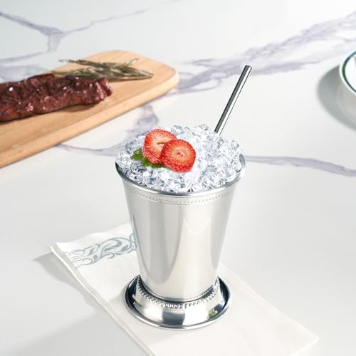 12oz Mint Julep Cups with Straws Set of 4, Stainless Steel Beaded Mint Julep Cups, Mint Julep Glasses for Cocktails Mixed Drinks, Metal Cups for Beer Juice Beverage Party Bar Home Restaurant