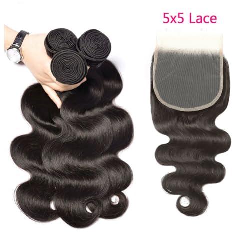 18 20 22 Inch Body Wave Bundles with Closure (16 Inch 5x5 HD Lace Closure) Human Hair Brazilian 3 Bundles with Closure Unprocessed Virgin Human Hair Free Part