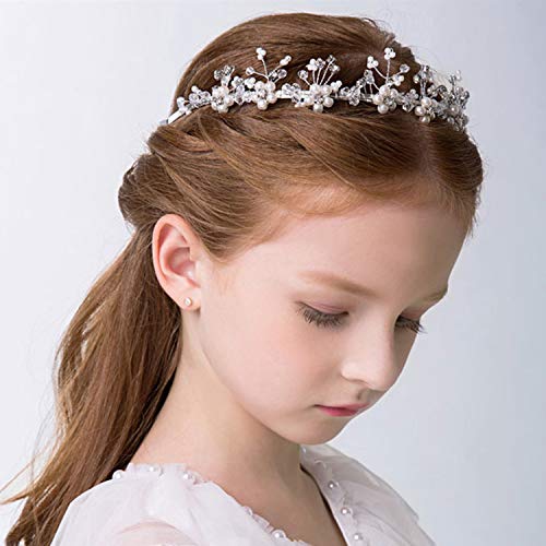 WILLBOND 4 Pcs Flower Girl Headband Flower Girl Hair Accessory Silver Wedding Headpiece Princess Crystal Pearl Headband for Wedding Birthday First Communion Party Photography