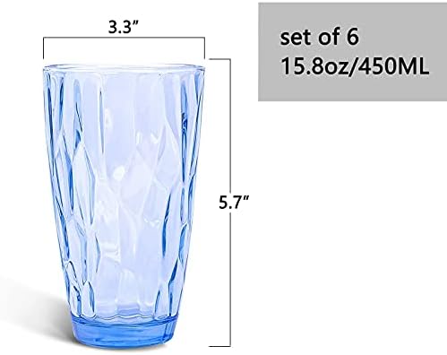 CREATIVELAND Highball Glass Tumbler Light Blue Set of 6, for Water,Cocktail,Juice,Beer,Iced Coffee,Clear Blue Glassware for Bar Kitchen,Thick & Heavy Glass Drinking Glasses with Heavy Base 16oz/450ML