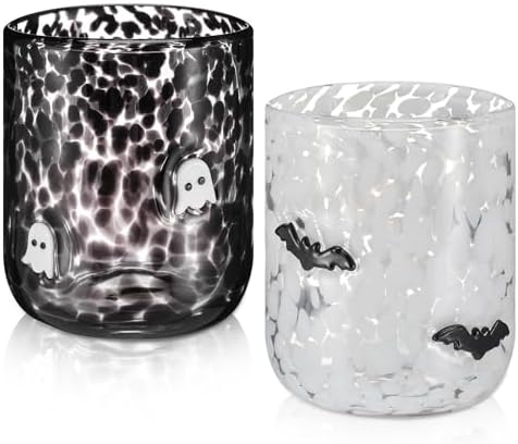 2 Pcs Icon Glass Cups - 16 oz Cute Icon Juice Glass Double Old Fashioned Hand Blown Drinking Cups for Holiday Party Home Decor Lovely Gifts(Halloween Style)