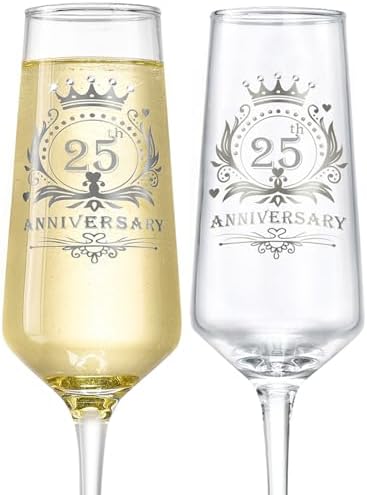 ROXBURGH 25th Wedding Anniversary Champagne Flutes Present Rhinestones Studded, 25th Anniversary Decorations 7 OZ Crystal Champagne Glasses Set of 2, Wedding Present, Couples