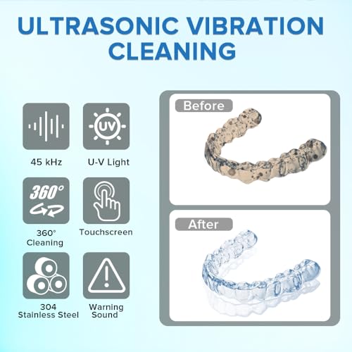 Ultrasonic Retainer Cleaner 45kHz Dental Cleaning Machine With 6 U/V Lights Adjustable Buzzer Alarm 200ML Capacity Black