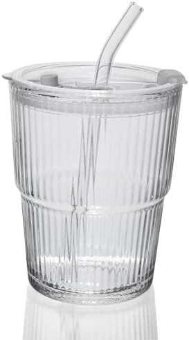 13OZ/400ML Ice Coffee Glass Tumbler, Thick Wall Water Glass Cup Mug Tea with Straw and Lid Sealed Carry On （Clear）
