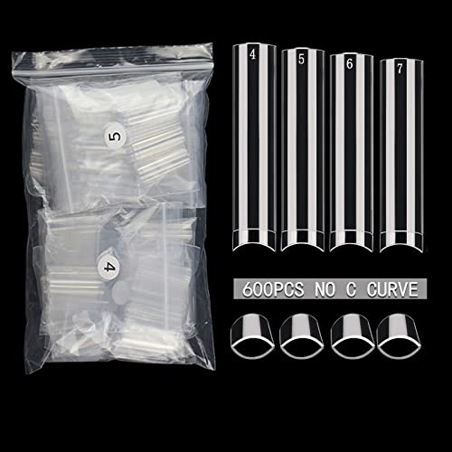 XXL No C Curve Nail Tips, SWETIDY 600Pcs Refill Size of 4,5,6,7 Clear Acrylic Nails Square Shape Nail Half Cover