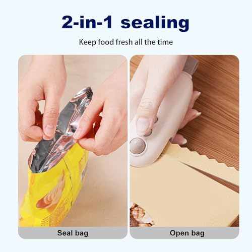 2-in-1 Mini Bag Sealer with Cutter & Magnet, Rechargeable Handheld Snack Sealing Machine for Food Storage, Portable Resealer for Chips & Snacks (White - 2pcs)