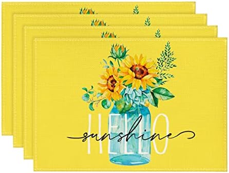 Artoid Mode Yellow Hello Sunshine Sunflower Summer Placemats for Dining Table, 12 x 18 Inch Spring Seasonal Holiday Decoration Rustic Vintage Washable Table Mats Set of 4