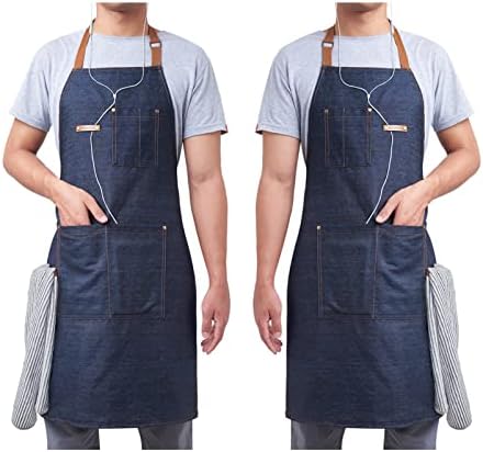 KPD Denim Apron With Pockets - Adjustable Blue for Kitchen, BBQ, and Garden - Work Apron for Men and Women