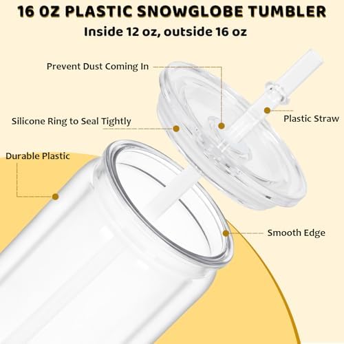 16 Oz Acrylic Snowglobe Tumbler, 25 Pack Pre-Drilled Double Wall Plastic Clear Cup for Glitter Snow Globe Diy, Double Wall Plastic Snowglobe Cup with Clear Lid