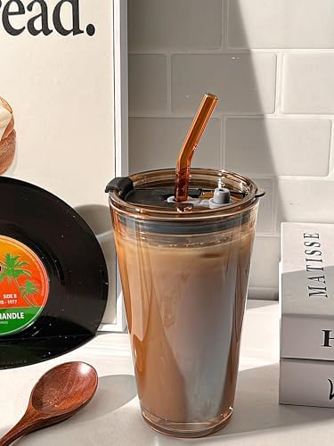 15oz Glass Tumbler with Straw and Lid, Cute Iced Coffee Cups, Aesthetic Glass Cups, Coffee Tumbler, Water Cup, Matcha Cup, Drinking Glasses (Amber)