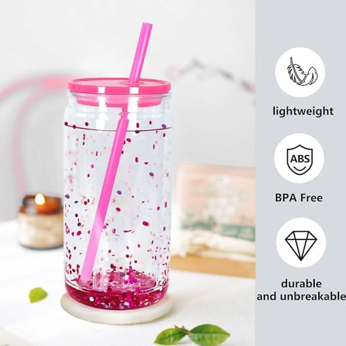 16 oz Acrylic Snow Globe Tumbler Snow Globe Cups Double Wall Snowglobe Tumbler with Pre Drilled Hole Clear Plastic Cups with Colorful Lids and Straws for Iced Coffee Boba Juice Soda 6 Pack