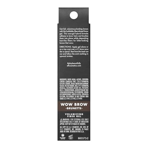 e.l.f. Wow Brow Gel, Volumizing, Buildable, Wax-Gel Hybrid, Creates Full, Voluminous-Looking Brows, Locks Brow Hairs In Place, Brunette, Fiber-Infused, 0.12 Oz
