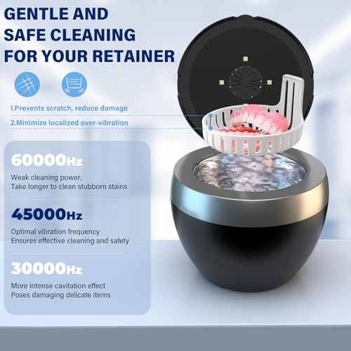 Ultrasonic Retainer Cleaner, 200ML Denture Cleaner for Mouthguard, Aligner, Brace, Night Guard and Dental Appliance with 4 Modes, 45kHz Jewelry Cleaner for Rings, Dental Cleaning Pod with Basket