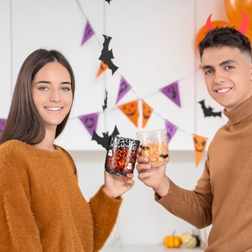2 Pcs Icon Glass Cups - 16 oz Cute Icon Juice Glass Double Old Fashioned Hand Blown Drinking Cups for Holiday Party Home Decor Lovely Gifts(Halloween Style)