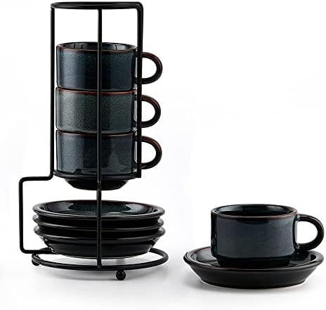 JIEMEI HOME Porcelain Stackable Espresso Cups with Saucers and Metal Stand, 4 Ounce Demitasse Cups for Specialty Coffee Drinks, Latte, Tea Set of 4, Stackable Espresso Mugs, Green & Blue