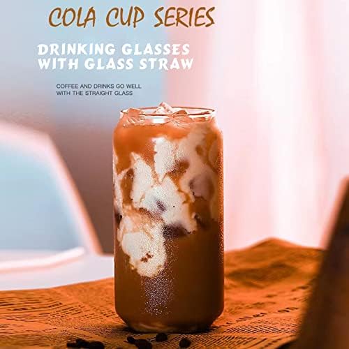 2 Pcs Drinking Glasses with Bamboo Lids and Straw 2pcs Set - 16oz U-Shaped Cups, Iced Coffee Glasses, Cute Reusable Bottle, Ideal for Whiskey, Beer, Tea, Gift