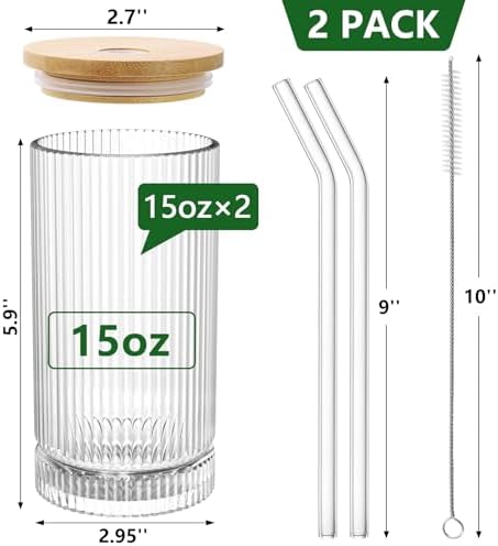 15 Oz Glass Cups with Lid and Straw, Iced Coffee Cups with Lid, Vintage Glassware for Whiskey Cocktail Beer (2 PACK)