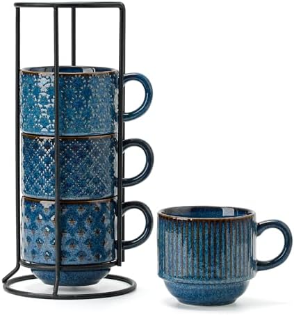 Large Ceramic Coffee Mug Set of 4 with Stand, 15 Oz Stackable Different Embossment Ribbed Latte Cup Set for Cappuccino, Tea, Hot Cocoa, Drinks - Dishwasher & Microwave Safe, Blue