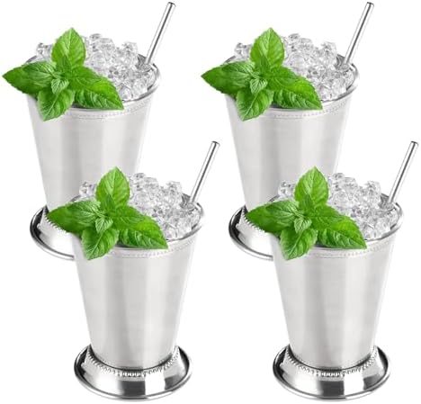 12oz Mint Julep Cups with Straws Set of 4, Stainless Steel Beaded Mint Julep Cups, Mint Julep Glasses for Cocktails Mixed Drinks, Metal Cups for Beer Juice Beverage Party Bar Home Restaurant
