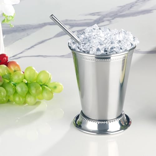 12oz Mint Julep Cups with Straws Set of 4, Stainless Steel Beaded Mint Julep Cups, Mint Julep Glasses for Cocktails Mixed Drinks, Metal Cups for Beer Juice Beverage Party Bar Home Restaurant