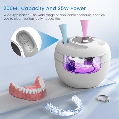 Ultrasonic Retainer Cleaner Machine - 45kHz Denture Cleaner UV Light 4 Modes with Digital Timer 200ML Portable Dental Cleaning Pod for Mouth Guards, Braces, Toothbrush Heads