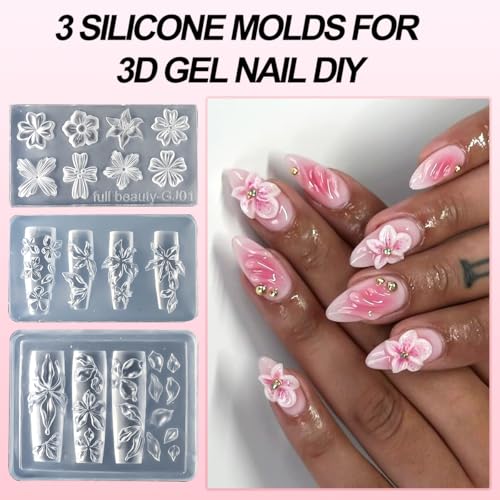 Solid Builder Gel for Nails,4 Colors Non-Sticky 3D Nail Sculpting Gel for Nail Art Flower Carving Modeling Design Hard Gels Nail Extension Glue with 3D Silicone Mold for Manicure Salon or Home DIY