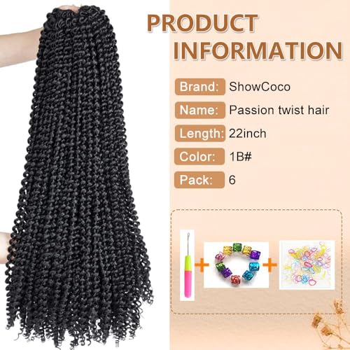 ShowCoco Passion Twist Hair 22 Inch Water Wave Crochet Hair 6 Packs Passion Twists Braiding Hair Long Bohemian Synthetic Hair Passion Twist Hair Extensions(22inch, #1B)