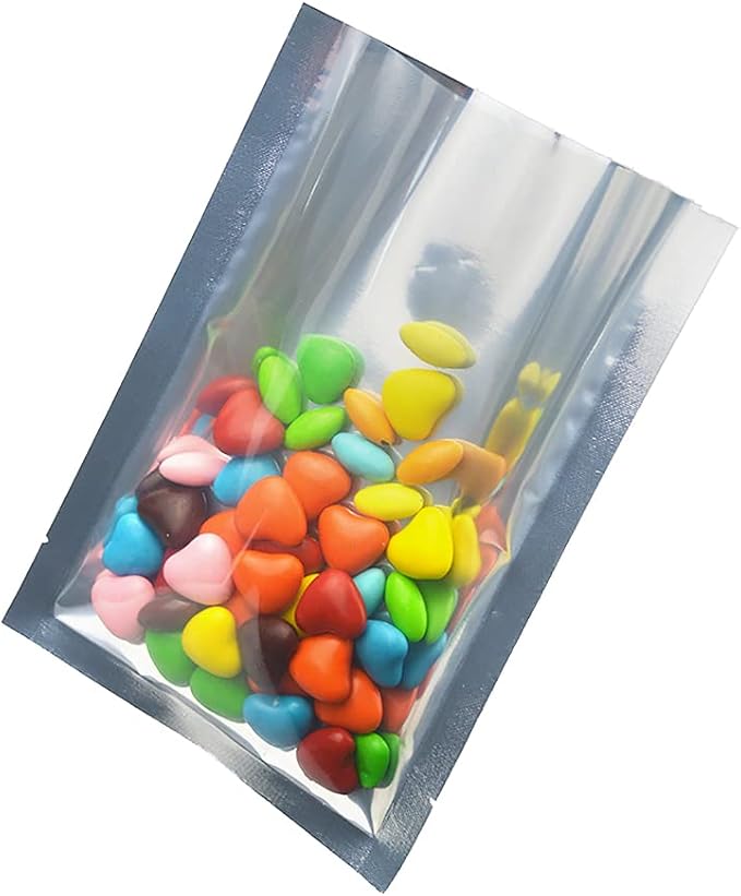 Silver Aluminum Foil Pouch Heat Seal Front Window Plastic Mini Open Top Flat Vacuum Packaging Mylar Bag Food Small Sample Mylar Storage with Tear Notch (100, 14x20cm(5.5x7.9 inch))