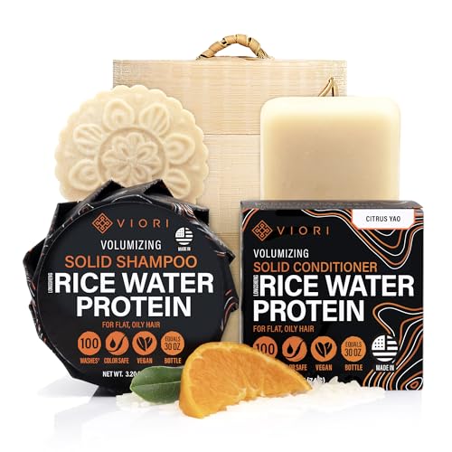 Viori Citrus Yao Shampoo and Conditioner Bar Set and Bamboo Holder - Made with Rice Water for Hair Growth - Handcrafted Sulfate Free Shampoo and Conditioner