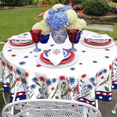 4th of July Round Tablecloth 60 Inch, Independence Day Tablecloth Memorial Day Table Cover American Red Blue Floral Decorative Patriotic Table Cover , Summer Seasonal Dinner Party Picnic Decoration