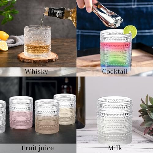 Set of 4 Hobnail Drinking Glasses,15.2 Oz Romantic Water Glasses, Clear Embossed Design Vintage Glassware, Cocktail Glasses, Beaded Drinking Glasses for Water, Beer, Juice(15oz+4")