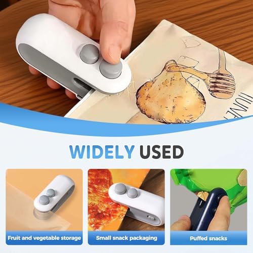 2-in-1 Mini Bag Sealer & Cutter, Rechargeable Portable Snack Bag Resealer with Magnet, Heat Seal Food Storage for Chips & Snacks - 2 Pack (White)