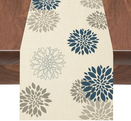 Blue Gray Table Runner Dahlia Pinnata Flower Table Runners Modern Elegant Pompon Farmhouse Geometric Table Center Decor for Home Dining Party Entrance (13x72 Inch)