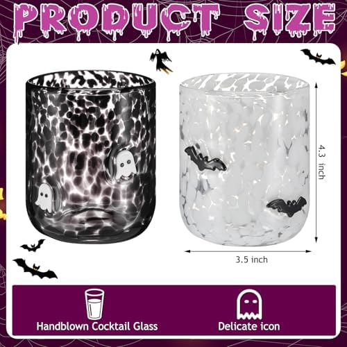 2 Pcs Icon Glass Cups - 16 oz Cute Icon Juice Glass Double Old Fashioned Hand Blown Drinking Cups for Holiday Party Home Decor Lovely Gifts(Halloween Style)