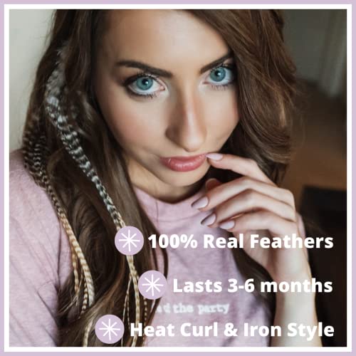 Natural Hair Feathers, Real Long Feather Hair Extensions with bead loop kit, 20 Long Thin Tie Dye Ginger Brown and Black and White grizzly striped Ombre Bayalage Plumes