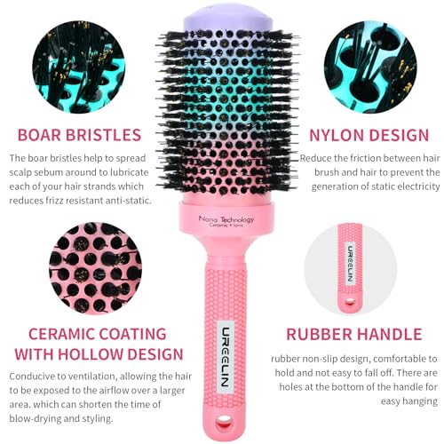 Round Brush for Blow Out - 2.1 Inch Large Nano Thermal Ceramic & Ionic with Boar Bristles - Salon Blow Drying Hair Brush for Drying,Volumizing, Curling, Shine & Smooth Styling