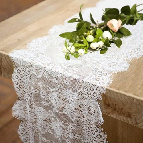 10 Pcs White Lace Table Runners 14 x 120 Inch for Wedding Bridal Shower Baby Shower Party Table Decoration, Rustic Rose Embroidered Boho Table Runner