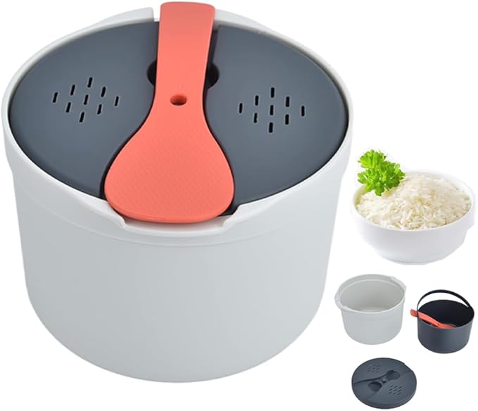Microwave Rice Cooker Steamer, Microwave Pasta Cooker with Strainer, 2 L Microwave Cookware Set for Rice, Pasta, Vegetables, Quinoa, Oatmeal, Ramen Non stick (orange)