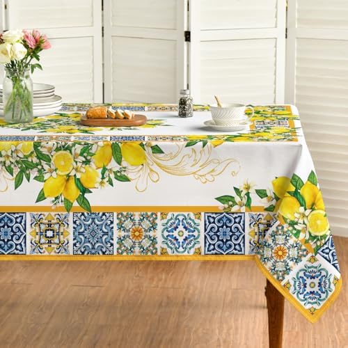 Horaldaily Summer Tablecloth 60×84 Inch Rectangular, White Yellow Lemon Vintage Pattern Washable Table Cover for Party Picnic Dinner Decor