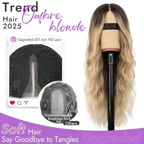 Ombre Blonde Wig for Women Long Wavy 4x1 Lace Natural Hairline Glueless for Beginners Middle Part Synthetic for Daily Party Use 26Inch