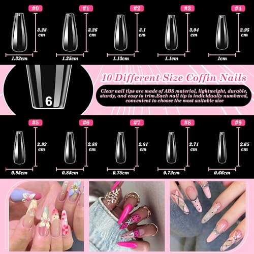 Acrylic Fake Nails Kit Press On Nail Kit with Clear Coffin Nail Tips Nail Display Stand Sequins Sticker Rhinestones Decorations Nail Art Brushes Fine Glitter DIY Nail Art Tool and Supplies