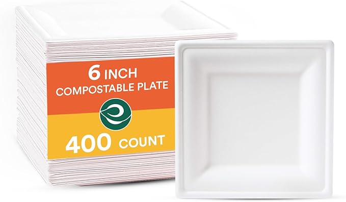 ECO SOUL Compostable Paper Plates 6 Inch (400 Count) Heavy Duty Disposable Dessert Plates, Eco-Friendly Sugarcane Bagasse Small Plates For Appetizer- White