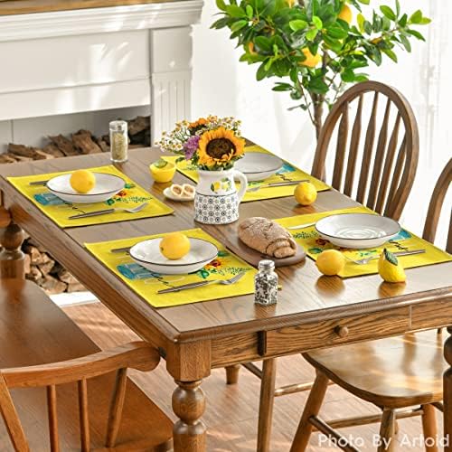 Artoid Mode Yellow Hello Sunshine Sunflower Summer Placemats for Dining Table, 12 x 18 Inch Spring Seasonal Holiday Decoration Rustic Vintage Washable Table Mats Set of 4
