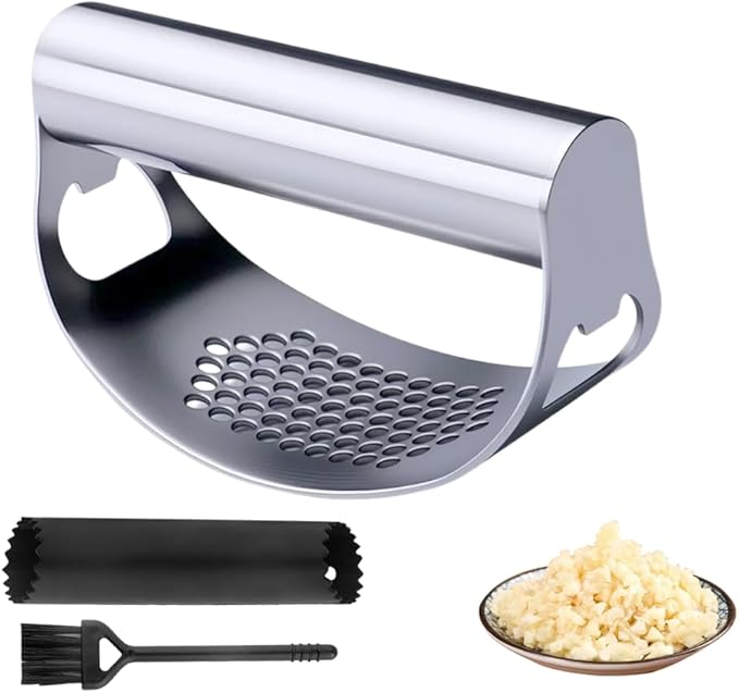 2026 New Garlic Press Rocker, Upgrade Garlic Press Stainless Steel, Portable Manual Stainless Steel Garlic Press Rocker, Innovative Garlic Crusher with Peeler and Scraper (1)