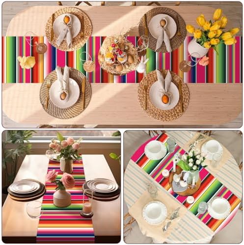 12Pack Plastic Mexican Table Runner Disposable Mayo Mexican Serape Table Runner 14 x 84Inch Colorful Striped Table Cover for Dinning Table Fiesta Party Taco Party Decor Supplies