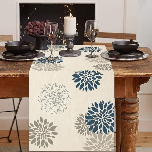 Blue Gray Table Runner Dahlia Pinnata Flower Table Runners Modern Elegant Pompon Farmhouse Geometric Table Center Decor for Home Dining Party Entrance (13x72 Inch)