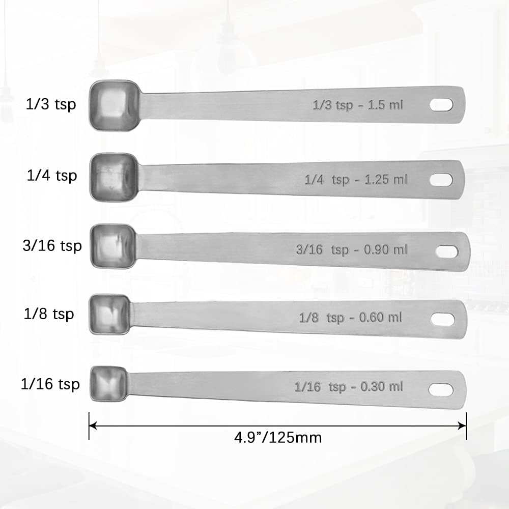 Mini Square Bowl Measuring Spoons Set, Small Stainless Steel Teaspoon for Cooking and Baking, Suitable for Small Amount of Dry or Liquid Ingredients and Spices (1/3, 1/4, 3/16, 1/8, 1/16 tsp)