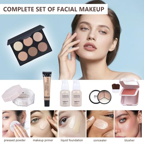 Makeup Kit for Women Full Kit、 Makeup Sets for Teens、 Multipurpose Makeup ，eyeshadow、 liquid foundation,Loose powder,Eyebrow pencil,4-color lip gloss set